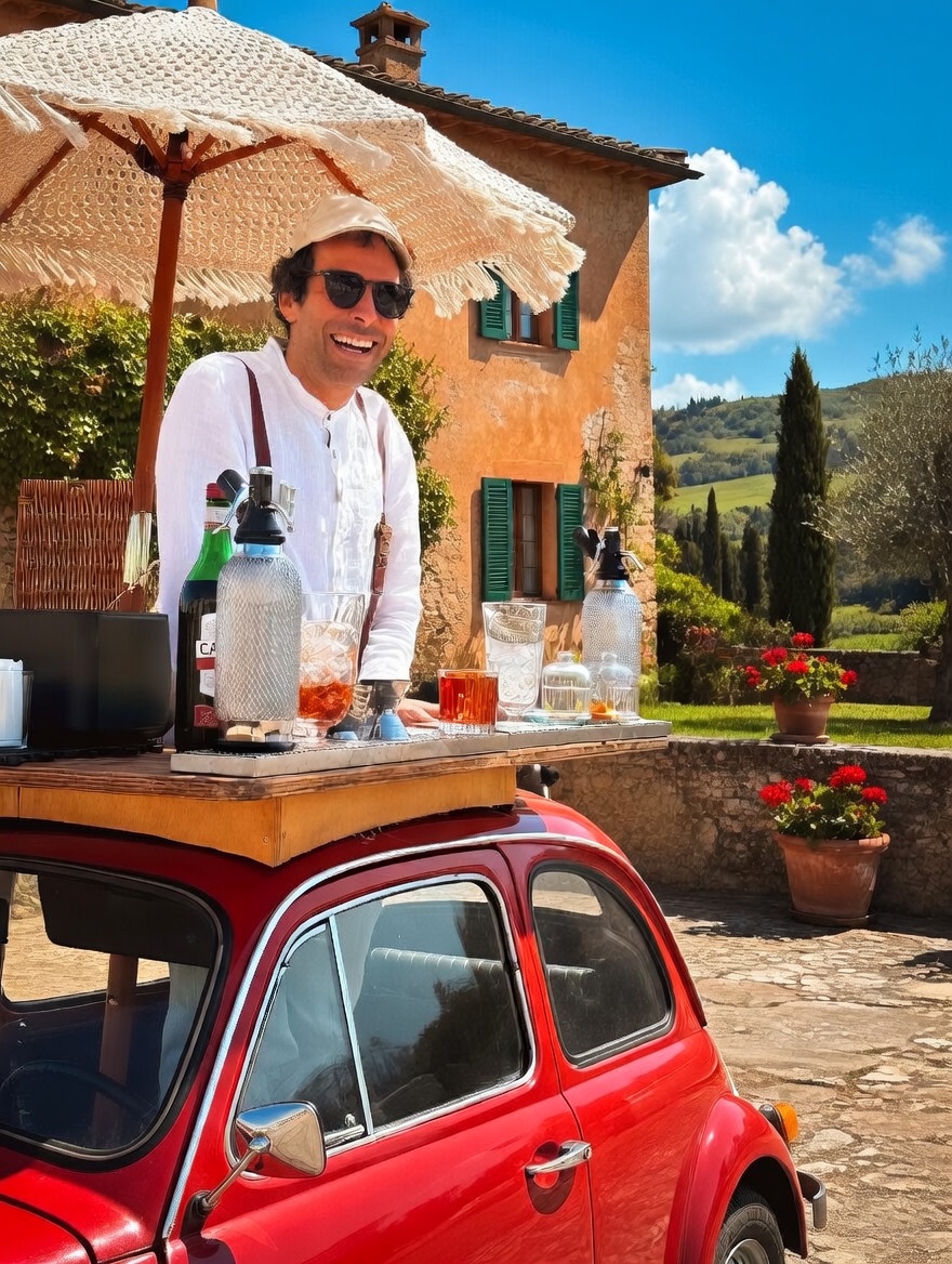 Fiat 500 d'epoca rossa trasformata in cocktail bar mobile in Toscana