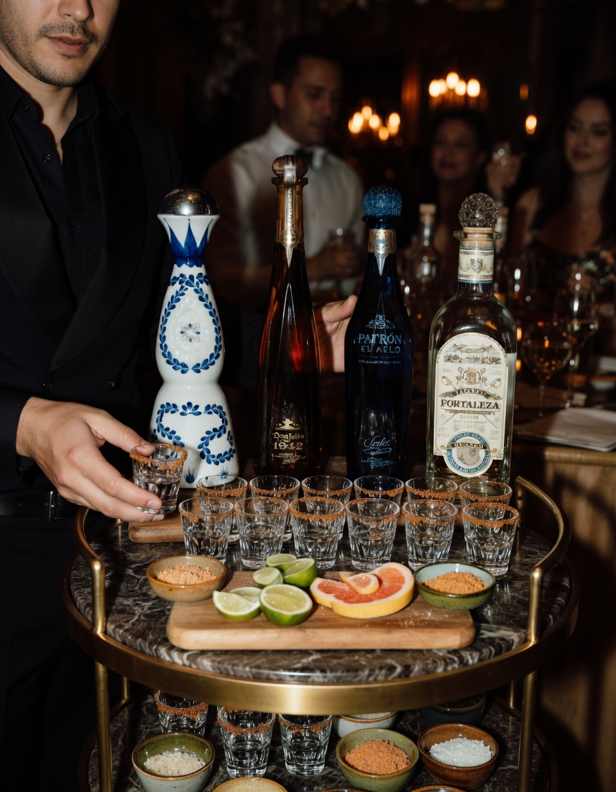 Tequilero cart con Clase Azul, Don Julio 1942, Patrón El Cielo, sali e lime